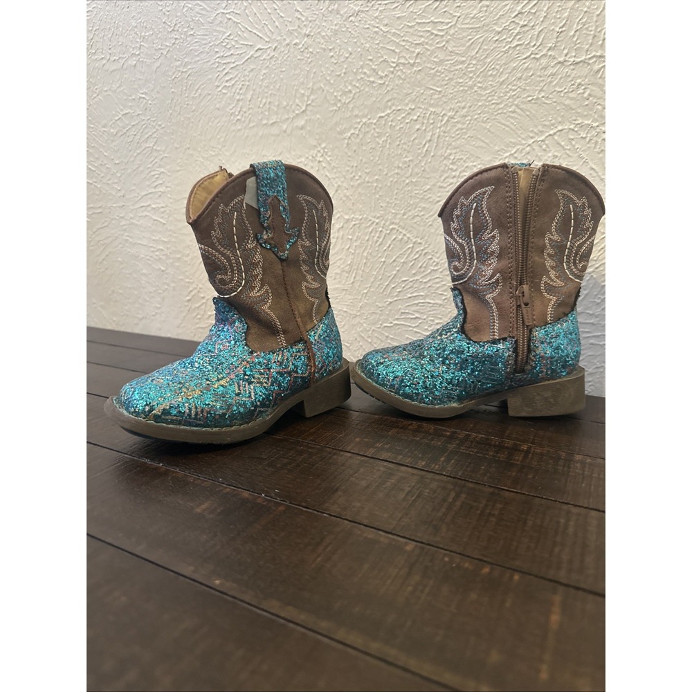 Roper Glitter Square Toe Zip Cowboy  Youth Girls Teal Casual Boots